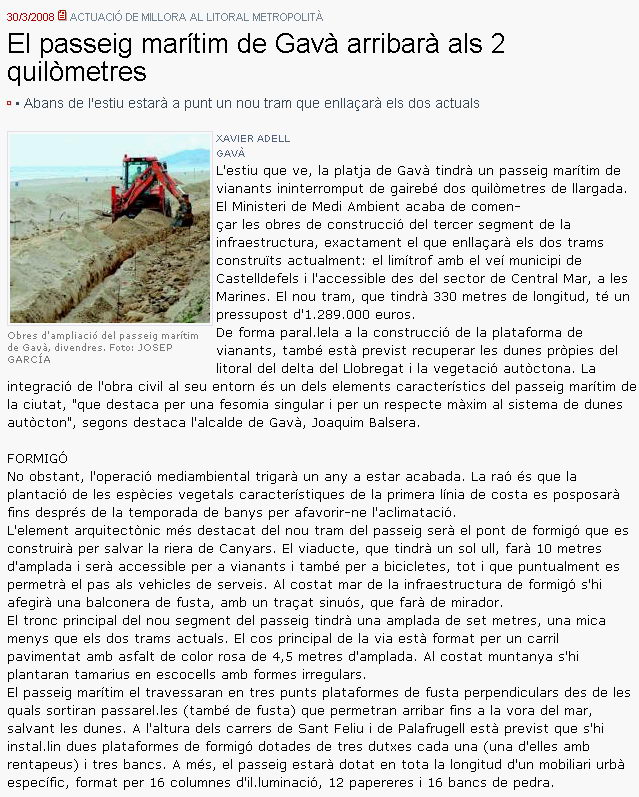 Not&iacute;cia publicada al diari EL PERI&Oacute;DICO sobre la construcci&oacute; del nou tram del passeig mar&iacute;tim de Gav&agrave; Mar (30 de mar&ccedil; de 2008)
